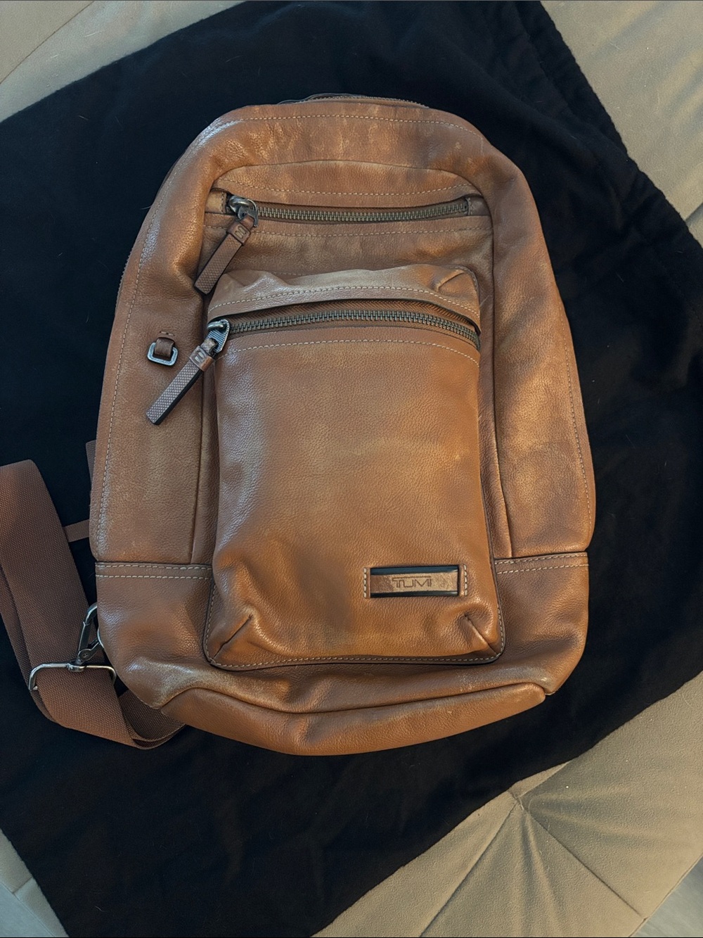 Tumi Light Brown Leather Crossbody Sling Bag